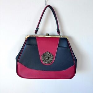 Vintage 1960s Black & Burgundy Leather Frame Handbag Purse with Lion Medallion